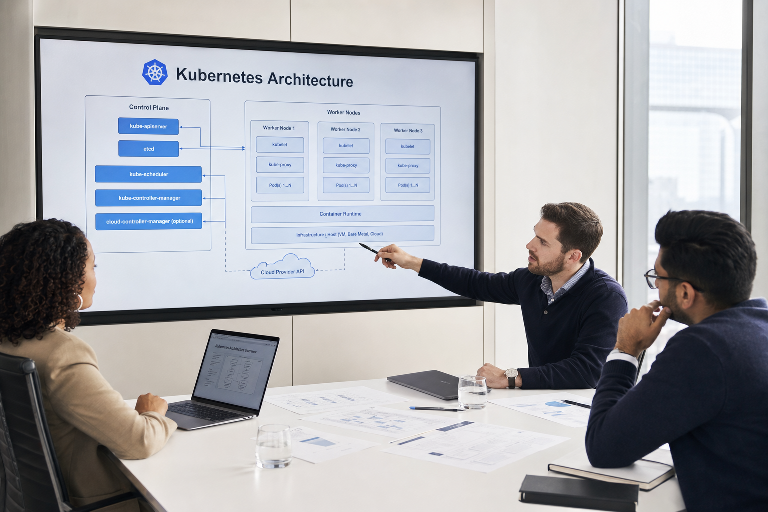 SOFTVYN LTD engineering team working at precision workstations with technical documentation, screens and planning materials