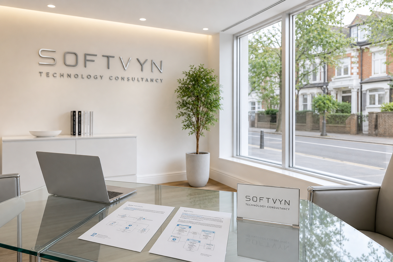 SOFTVYN LTD professional workspace showing a clean desk setup with laptop, technical documentation and engineering planning materials
