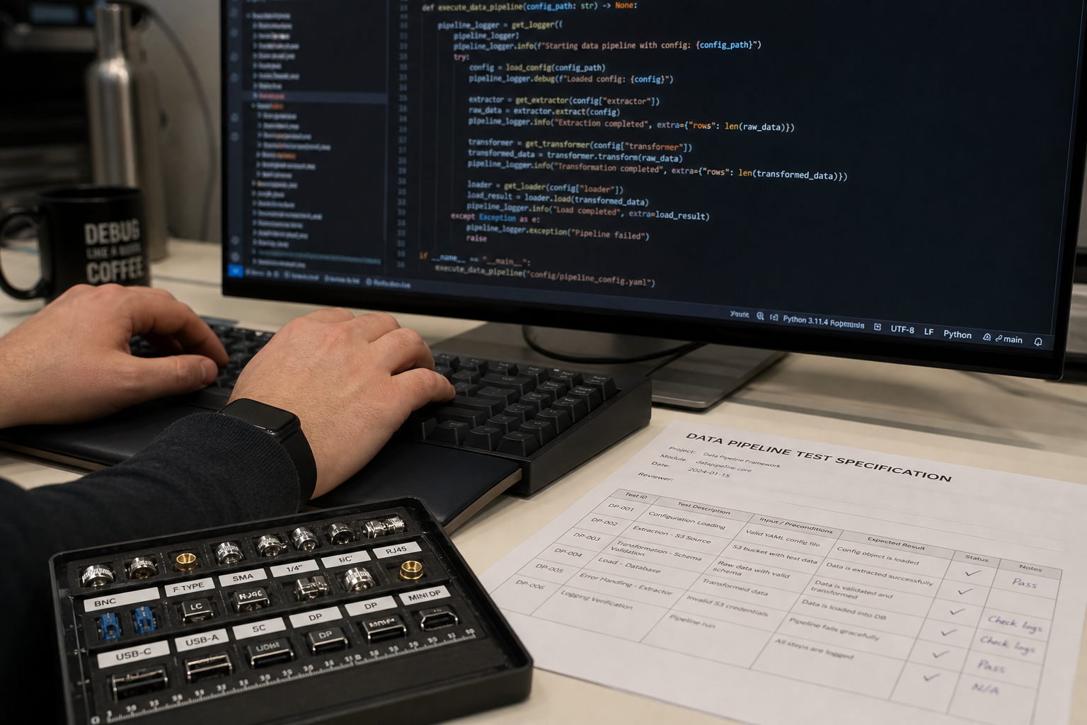 Close-up view of a SOFTVYN engineer's workstation showing code on multiple screens, technical notes and a systematic workspace arrangement