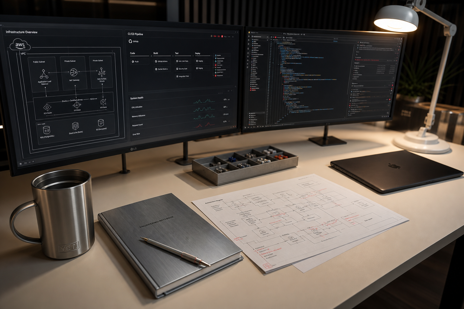 SOFTVYN LTD precision technology workspace with monitors, diagrams and technical components arranged on a professional desk