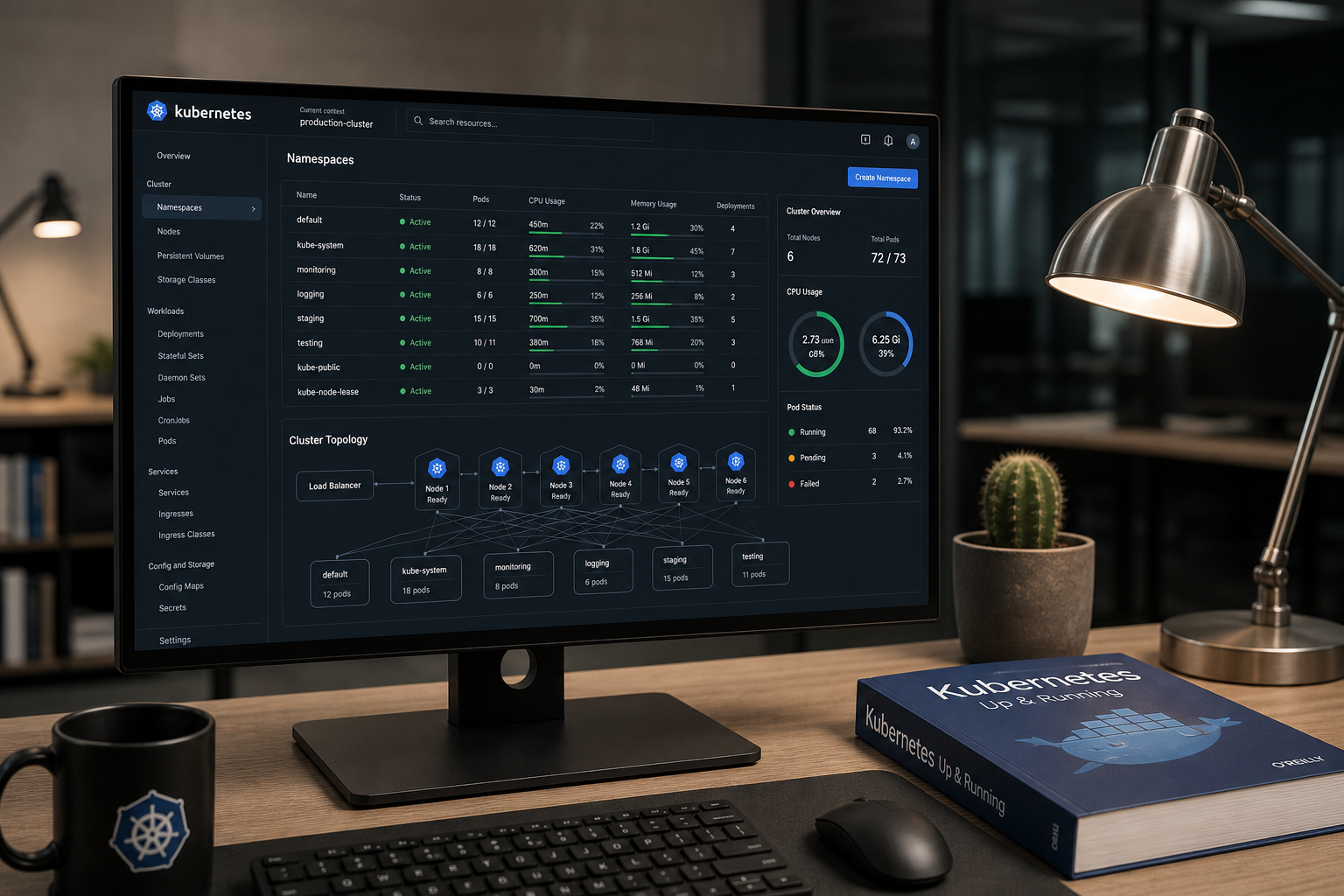 Kubernetes cluster architecture running on Azure AKS with microservices deployed across multiple availability zones for a logistics technology platform