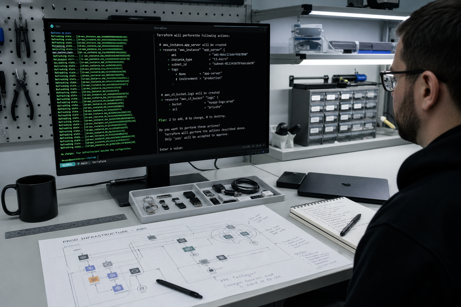 SOFTVYN LTD engineering team reviewing technical diagrams and system architecture at a precision workstation
