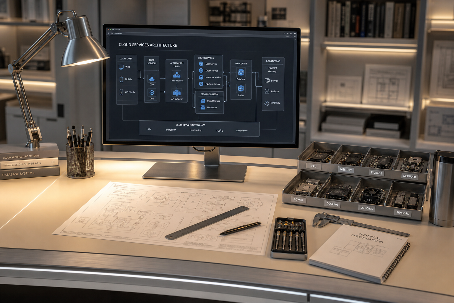 SOFTVYN LTD engineering workspace with multiple screens showing cloud infrastructure dashboards, CI/CD pipeline views and system monitoring displays