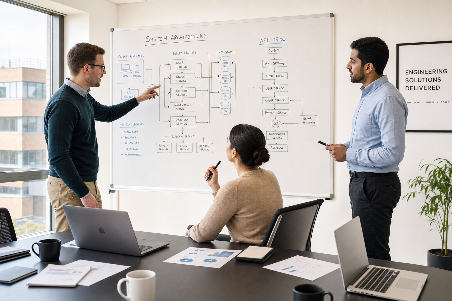 SOFTVYN LTD engineering professionals reviewing code and architecture documentation in a professional workspace environment