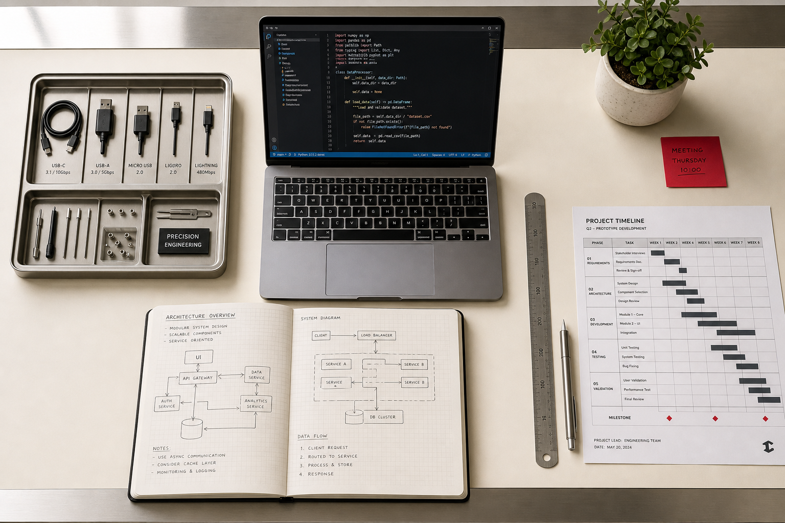 SOFTVYN LTD workspace showing technical planning materials, laptop screens and engineering documentation arranged on a desk
